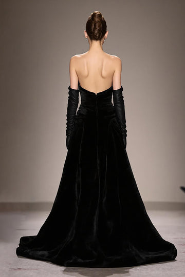 Preto Strapless Long Velvet Vestido de Noite